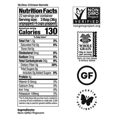 Crimson Red Popcorn Kernels Non-GMO Single Ingredient Nutrition Facts Gluten Free Black Jewell