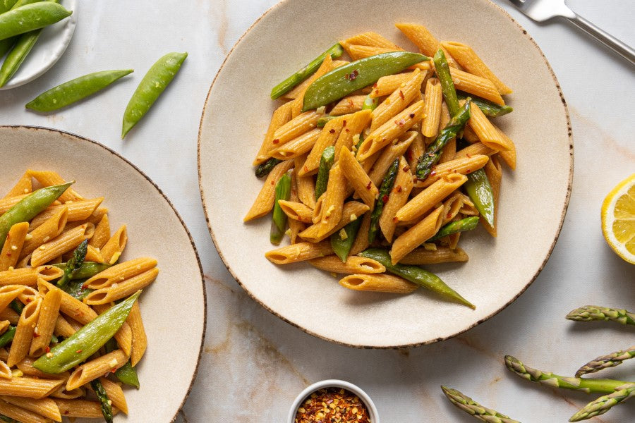 Tolerant Green Lentil Penne With Roasted Spring Vegetables And Garlicky Lemon Sauce Recipe