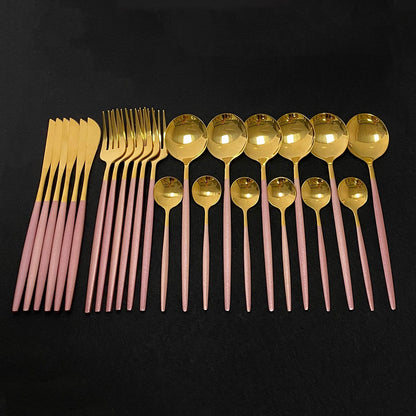 Modern 24 Piece Stainless Steel Gold Flatware Set With Colorful Pink Handles Silverware