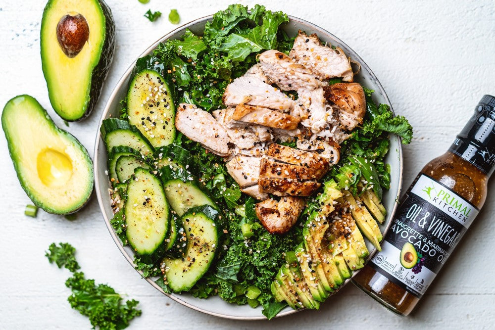 Fresh Avocados And Chicken With Keto Kale Salad With Avocado Oil & Vinegar Primal Kitchen Vinaigrette Dressing