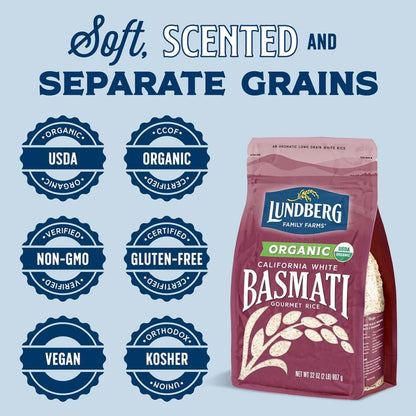 Soft Scented And Separate Grains Organic Non-GMO Gluten Free Vegan Lundberg Organic California White Basmati Gourmet Rice