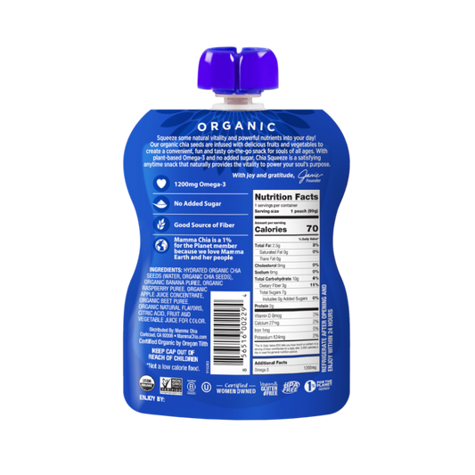 Mamma Chia Squeeze Wild Raspberry 3.5 Ounce Pouch Nutrition Facts And Organic Ingredients