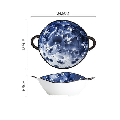 Transatlantic Style Blue And White New England Dish Irregular Shape Farmhouse Bowl With Handles In Maple Palette Print