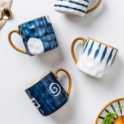 Nautical Mugs With Dimpled Glazed Finish In Blue And White Prints