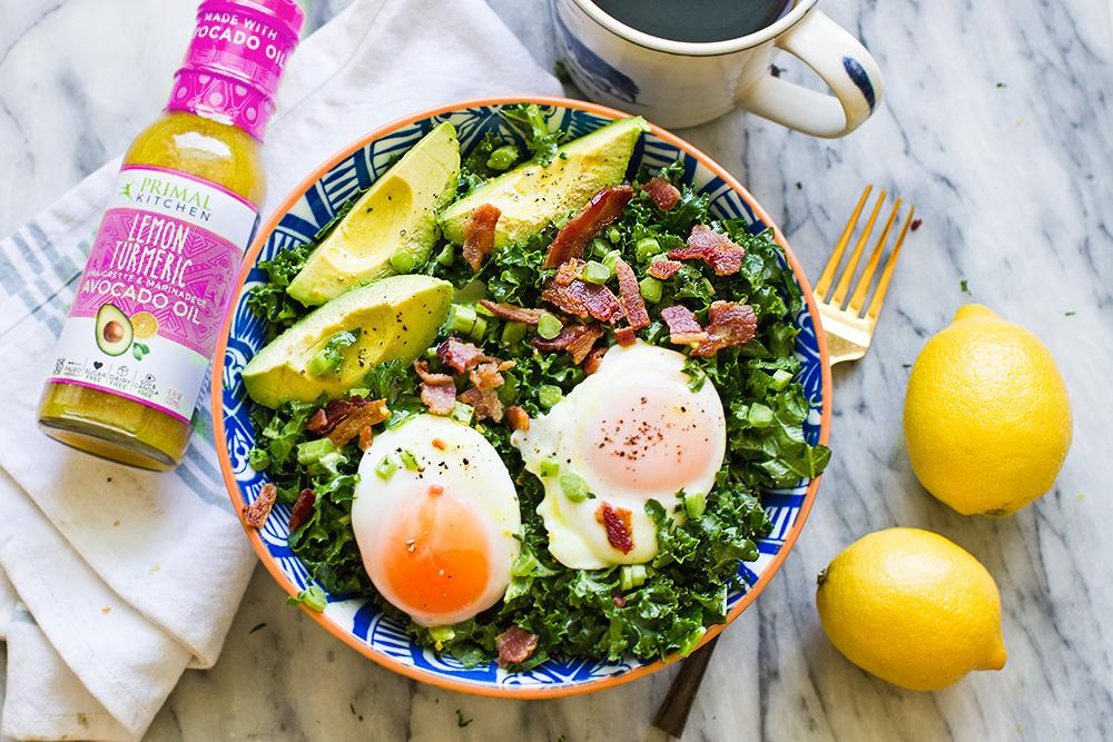 Primal Kitchen Recipe Poached Egg And Avocado Breakfast Salad With Fresh Avocado Lemons And Turmeric Lemon Primal Kitchen Dressing