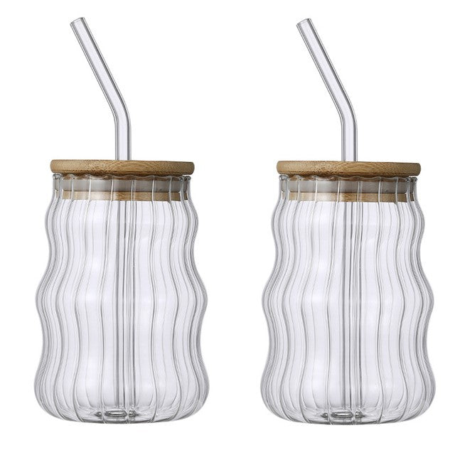 Double Ripply Tumbler Set With Bamboo Wood Lids And Reusable Glass Straws