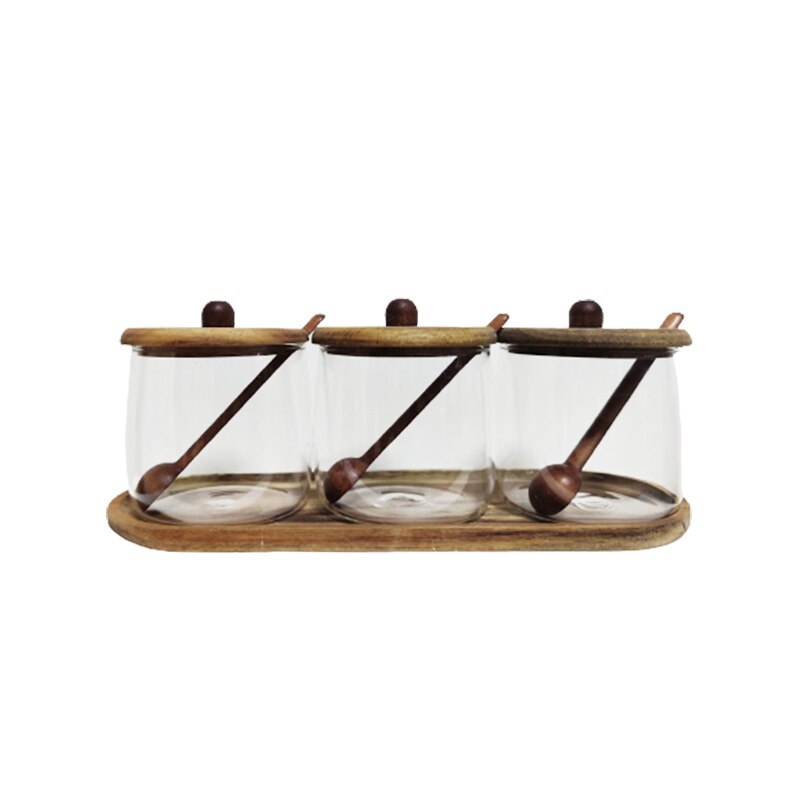 Acacia Wood & Glass Jar Set With Tray