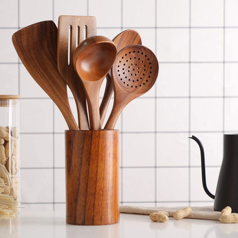 Teak Wood Utensil Crock With Wooden Teak Cooking Tools Spatula Turners Ladle Spoons On Kitchen Counter