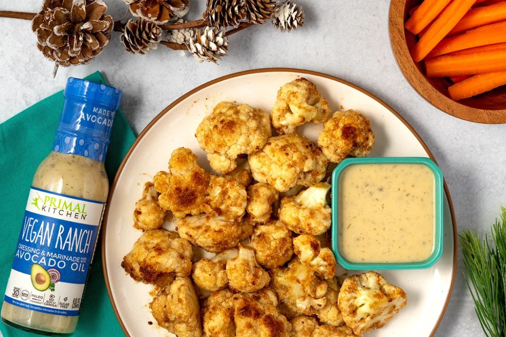 Teriyaki Cauliflower Bites With Vegan Ranch Dressing Dipping Sauce From Primal Kitchen