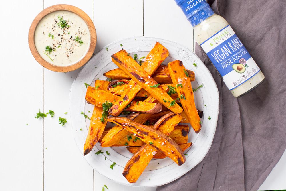 Vegan Sweet Potato Fries With Creamy Dairy Free Primal Kitchen Vegan Ranch Dressing Dip