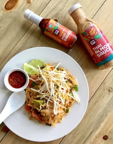 Pad Thai Meal Made With Yai's Thai Almond Sauce And Chili Garlic Hot Sauce