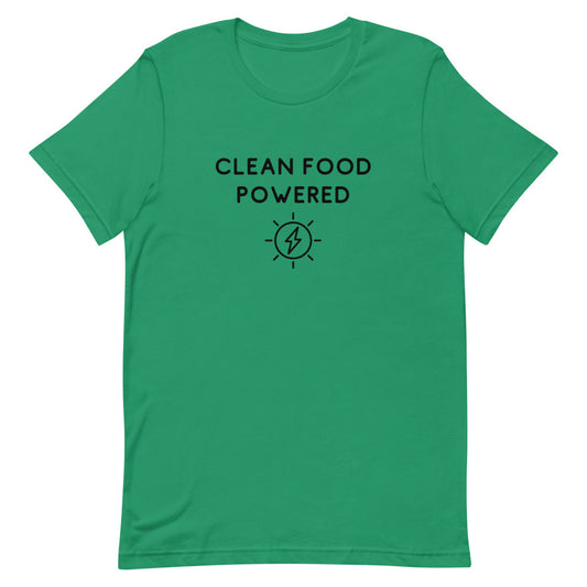 Front Of Clean Food Powered Short Sleeve T-Shirt From Terra Powders In Kelly Green Color