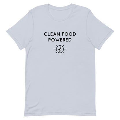 Front Of Clean Food Powered Short Sleeve T-Shirt From Terra Powders In Light Blue Color