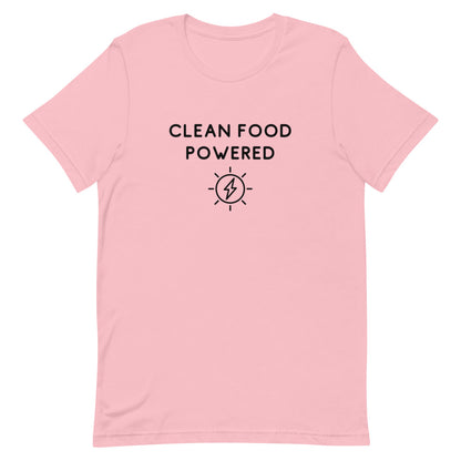 Front Of Clean Food Powered Short Sleeve T-Shirt From Terra Powders In Pink Color